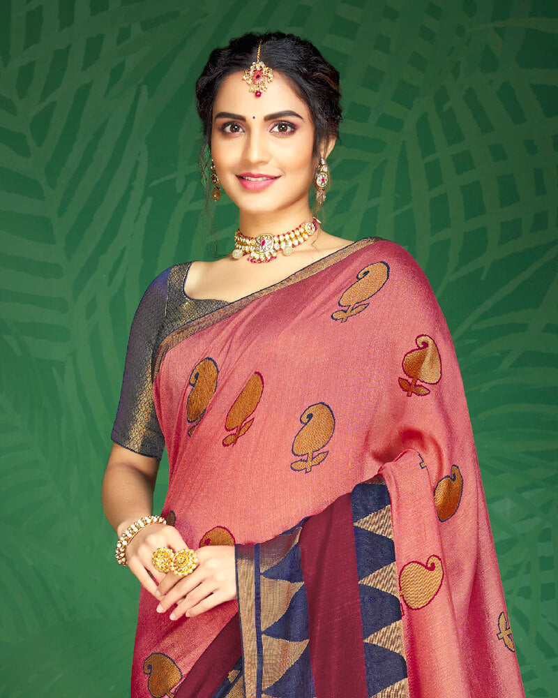 Vishal Prints Coral Pink And Burgandy Brasso Saree With Foil Print And Jari Border