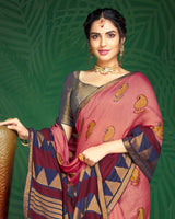 Vishal Prints Coral Pink And Burgandy Brasso Saree With Foil Print And Jari Border