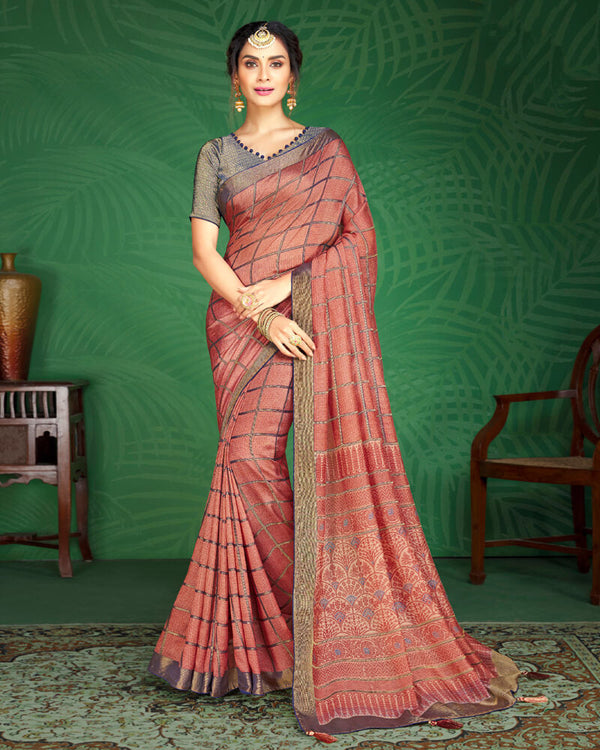 Vishal Prints Coral Pink And Ink Blue Brasso Saree With Foil Print And Jari Border