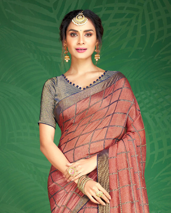 Vishal Prints Coral Pink And Ink Blue Brasso Saree With Foil Print And Jari Border