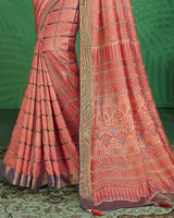 Vishal Prints Coral Pink And Ink Blue Brasso Saree With Foil Print And Jari Border