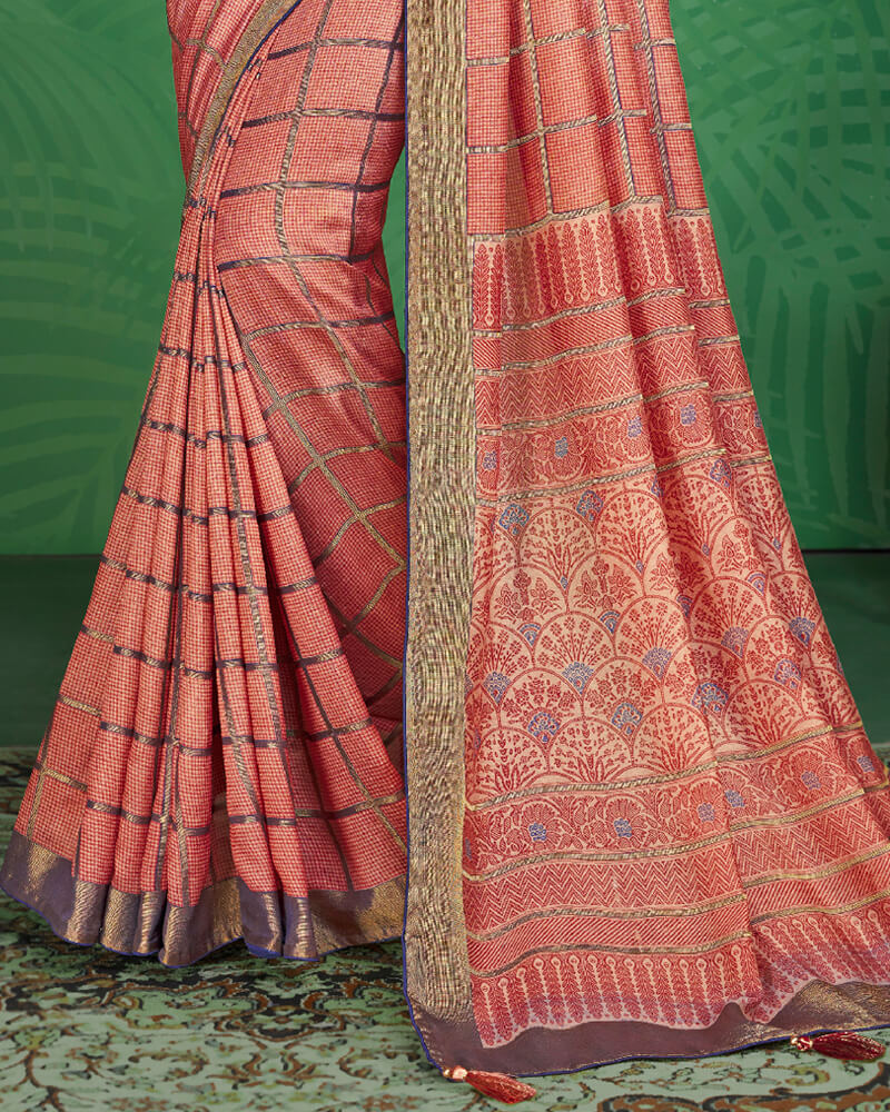 Vishal Prints Coral Pink And Ink Blue Brasso Saree With Foil Print And Jari Border