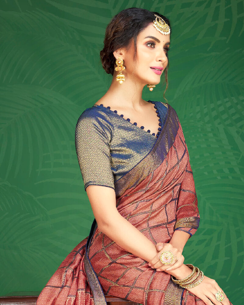 Vishal Prints Coral Pink And Ink Blue Brasso Saree With Foil Print And Jari Border