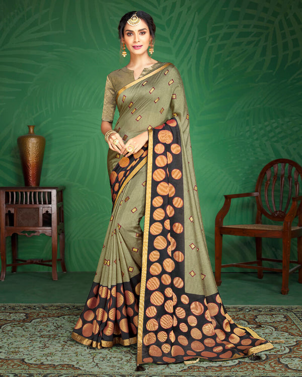 Vishal Prints Pastel Olive And Black Brasso Saree With Foil Print And Jari Border
