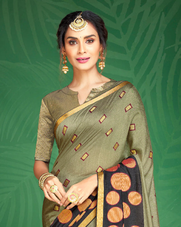 Vishal Prints Pastel Olive And Black Brasso Saree With Foil Print And Jari Border