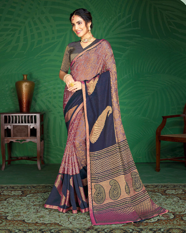 Vishal Prints Mauve And Navy Blue Brasso Saree With Foil Print And Jari Border