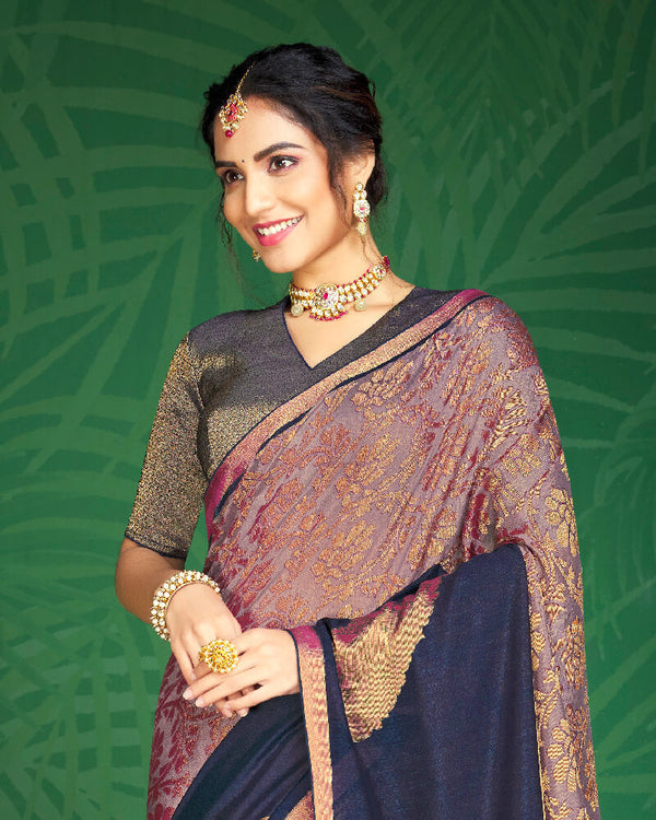 Vishal Prints Mauve And Navy Blue Brasso Saree With Foil Print And Jari Border