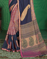 Vishal Prints Mauve And Navy Blue Brasso Saree With Foil Print And Jari Border