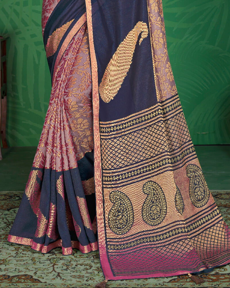 Vishal Prints Mauve And Navy Blue Brasso Saree With Foil Print And Jari Border