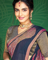 Vishal Prints Mauve And Navy Blue Brasso Saree With Foil Print And Jari Border