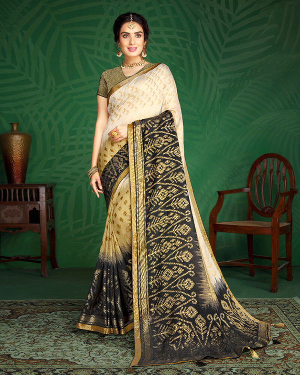 Vishal Prints Off White And Black Brasso Saree With Foil Print And Jari Border