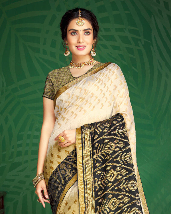 Vishal Prints Off White And Black Brasso Saree With Foil Print And Jari Border