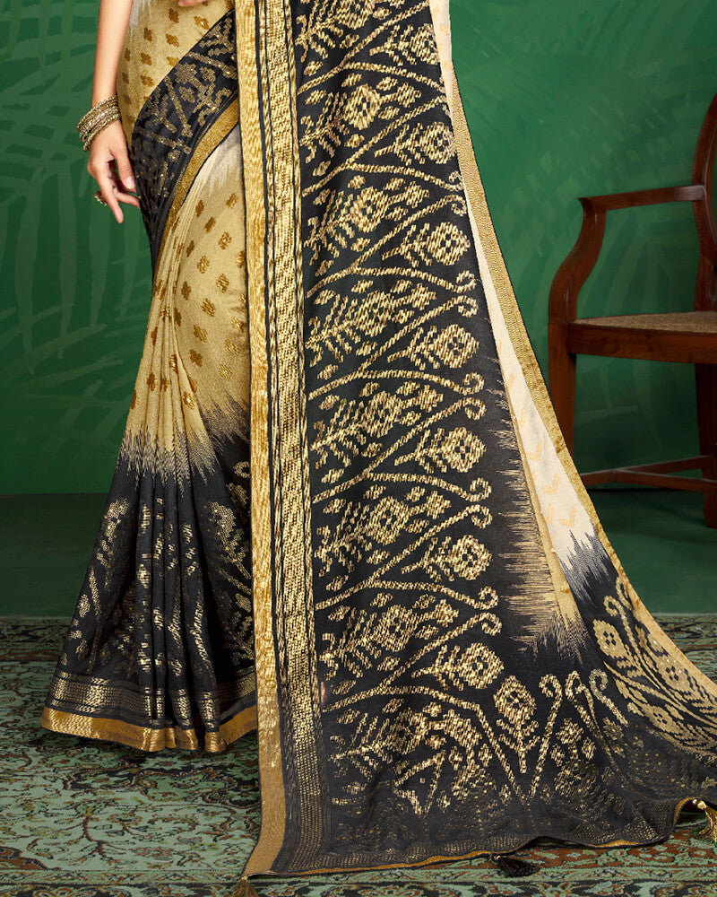 Vishal Prints Off White And Black Brasso Saree With Foil Print And Jari Border