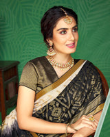 Vishal Prints Off White And Black Brasso Saree With Foil Print And Jari Border