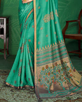 Vishal Prints Aqua Green And Navy Blue Brasso Saree With Foil Print And Jari Border