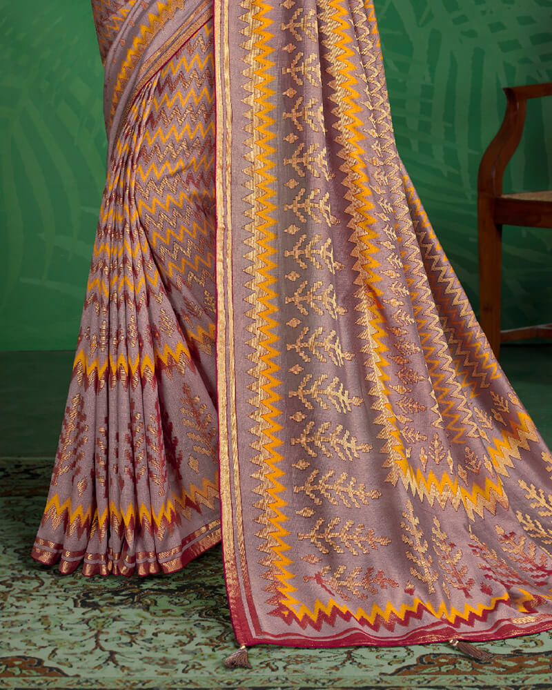 Vishal Prints Mauve And Golden Yellow Brasso Saree With Foil Print And Jari Border