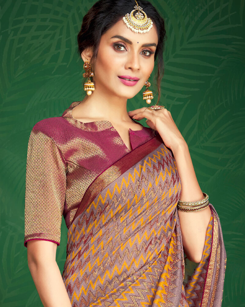 Vishal Prints Mauve And Golden Yellow Brasso Saree With Foil Print And Jari Border
