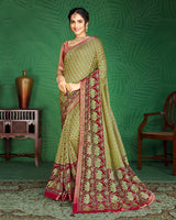 Vishal Prints Pastel Olive And Burgandy Brasso Saree With Foil Print And Jari Border