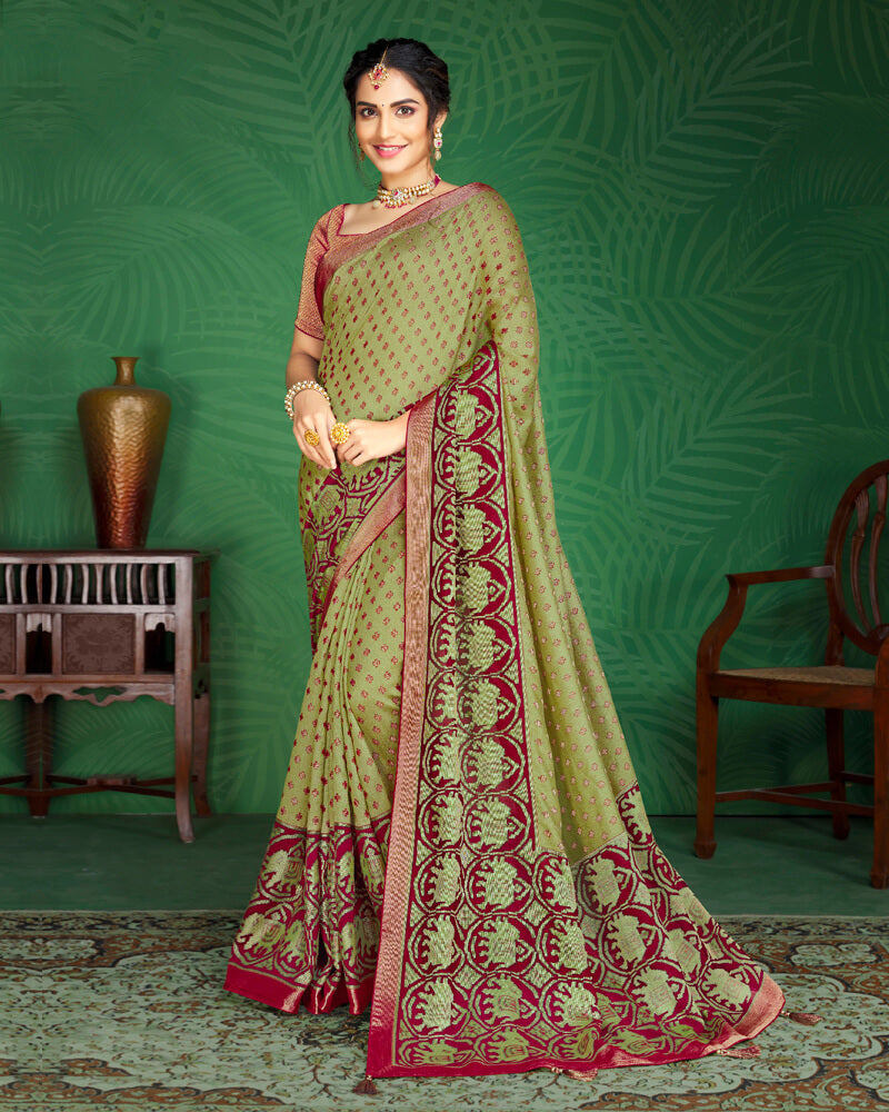 Vishal Prints Pastel Olive And Burgandy Brasso Saree With Foil Print And Jari Border