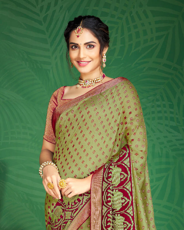 Vishal Prints Pastel Olive And Burgundy Brasso Saree With Foil Print And Jari Border
