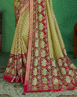 Vishal Prints Pastel Olive And Burgandy Brasso Saree With Foil Print And Jari Border