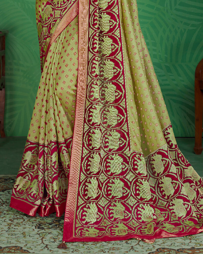 Vishal Prints Pastel Olive And Burgandy Brasso Saree With Foil Print And Jari Border