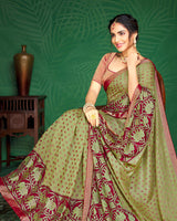 Vishal Prints Pastel Olive And Burgandy Brasso Saree With Foil Print And Jari Border