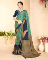 Vishal Prints Dark Turquoise Blue Brasso Saree With Foil Print And Tassel