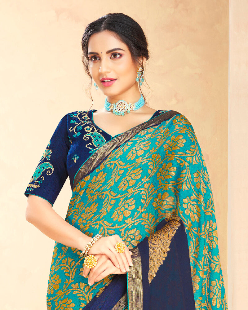Vishal Prints Dark Turquoise Blue Brasso Saree With Foil Print And Tassel