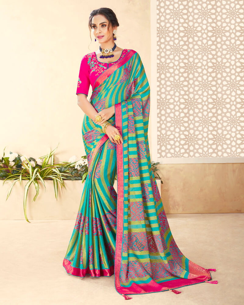 Vishal Prints Dark Turquoise Blue Brasso Saree With Foil Print And Tassel