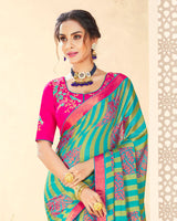 Vishal Prints Dark Turquoise Blue Brasso Saree With Foil Print And Tassel