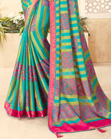 Vishal Prints Dark Turquoise Blue Brasso Saree With Foil Print And Tassel