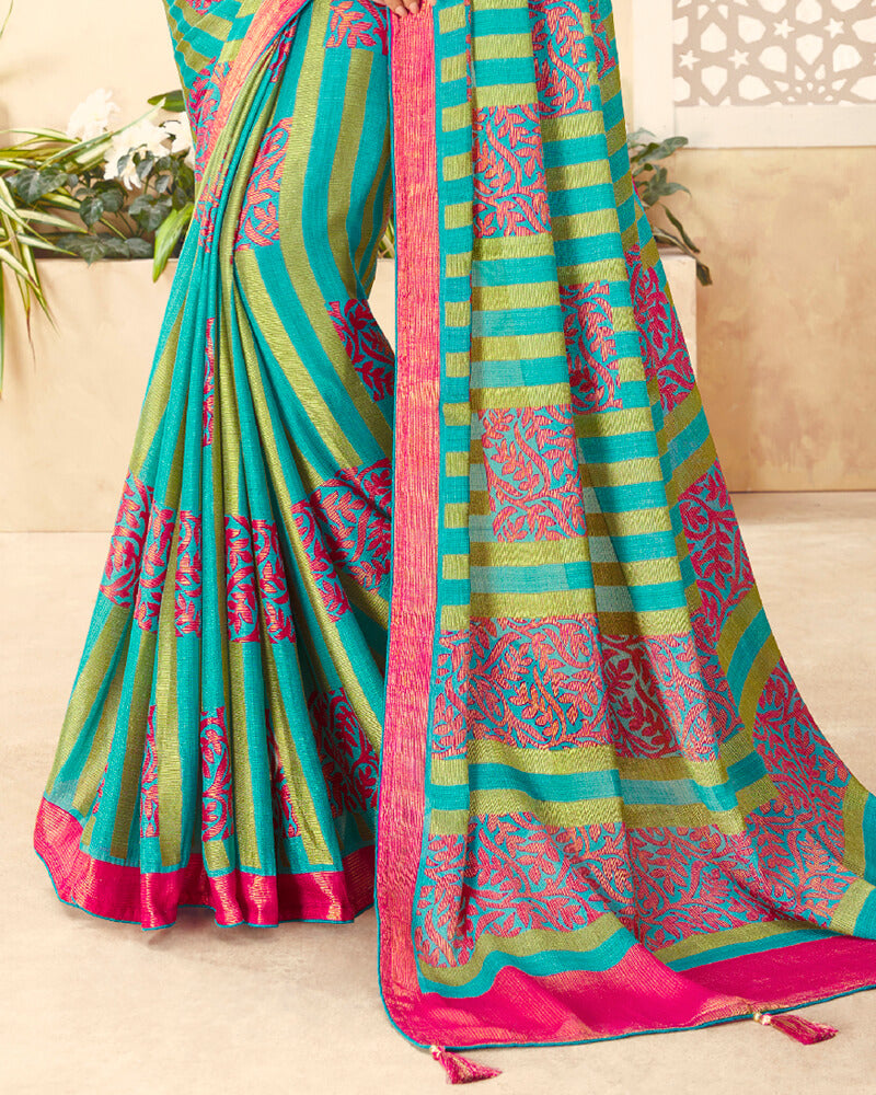 Vishal Prints Dark Turquoise Blue Brasso Saree With Foil Print And Tassel