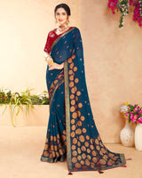 Vishal Prints Navy Blue Brasso Saree With Foil Print And Tassel