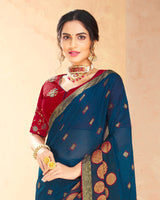 Vishal Prints Navy Blue Brasso Saree With Foil Print And Tassel
