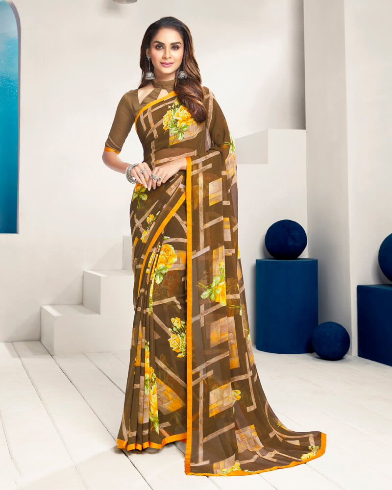 Vishal Prints Coffee Brown And Golden Yellow Printed Georgette Saree With Piping