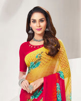Vishal Prints Light Yellow And Cherry Red Printed Georgette Saree With Piping