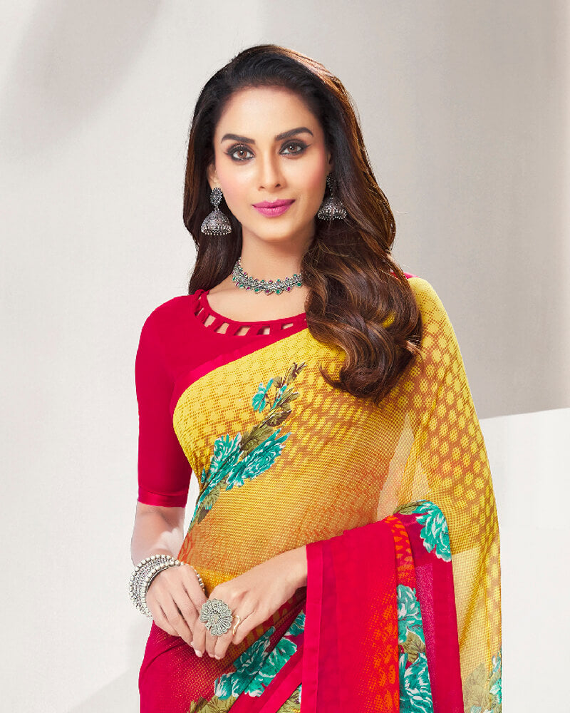 Vishal Prints Light Yellow And Cherry Red Printed Georgette Saree With Piping