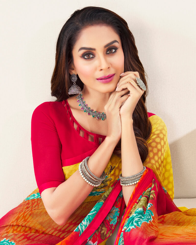 Vishal Prints Light Yellow And Cherry Red Printed Georgette Saree With Piping
