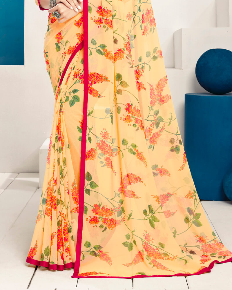 Vishal Prints Pastel Orange Printed Georgette Saree With Piping