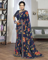 Vishal Prints Navy Blue Printed Georgette Saree With Border