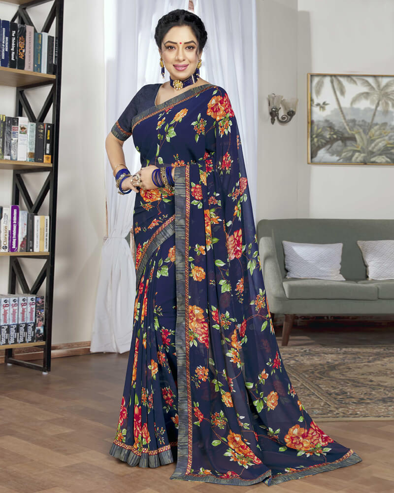 Vishal Prints Navy Blue Printed Georgette Saree With Border