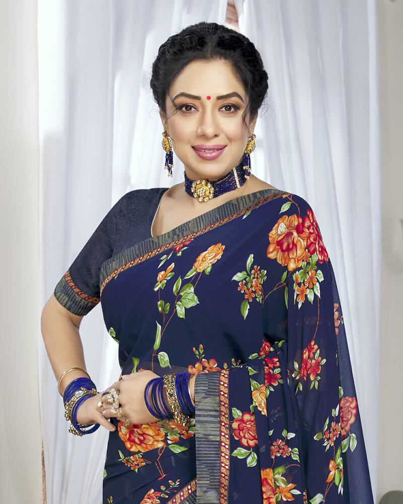 Vishal Prints Navy Blue Printed Georgette Saree With Border