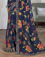 Vishal Prints Navy Blue Printed Georgette Saree With Border