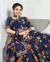 Vishal Prints Navy Blue Printed Georgette Saree With Border