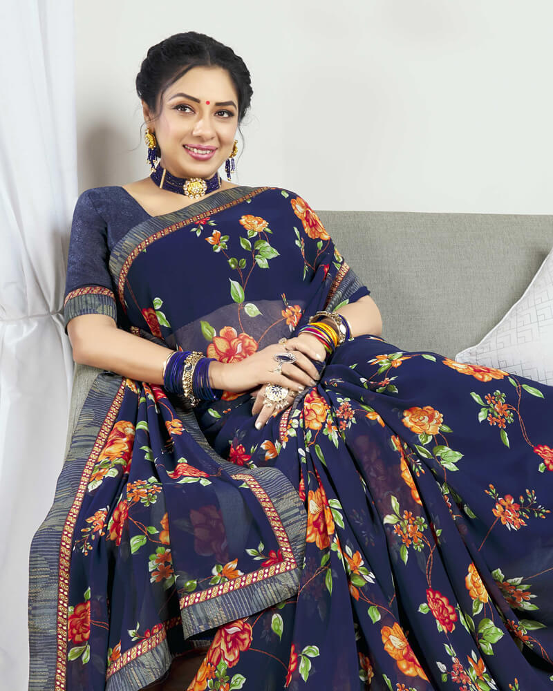 Vishal Prints Navy Blue Printed Georgette Saree With Border