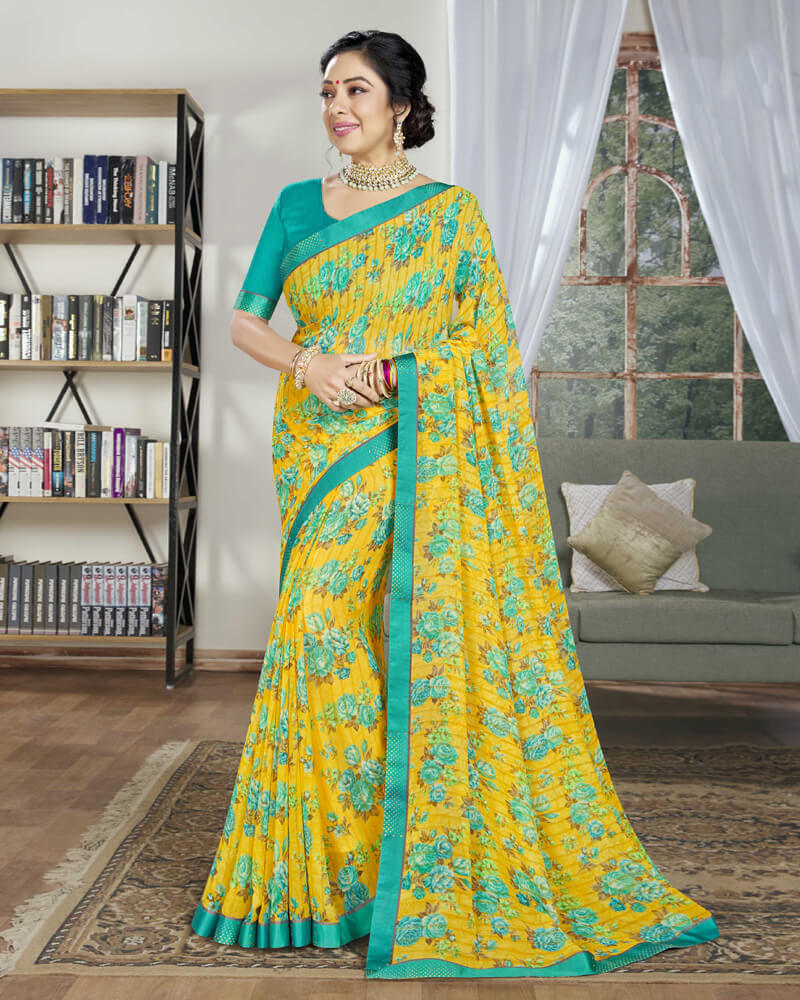 Vishal Prints Dark Yellow Printed Georgette Saree With Border