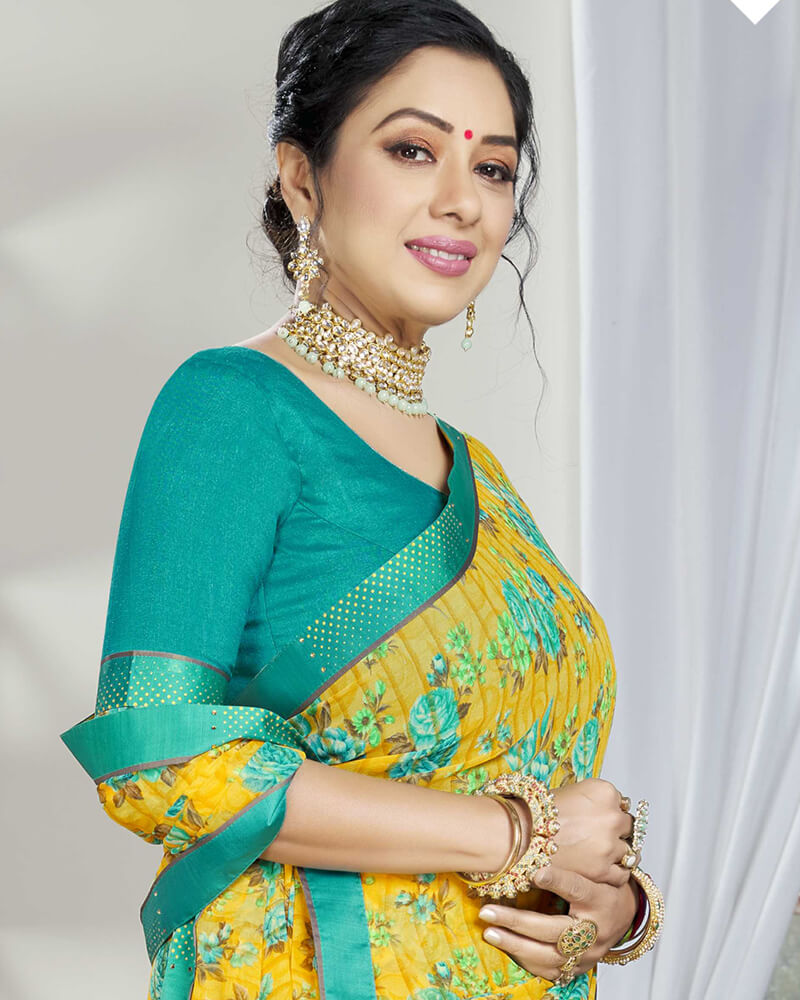 Vishal Prints Dark Yellow Printed Georgette Saree With Border
