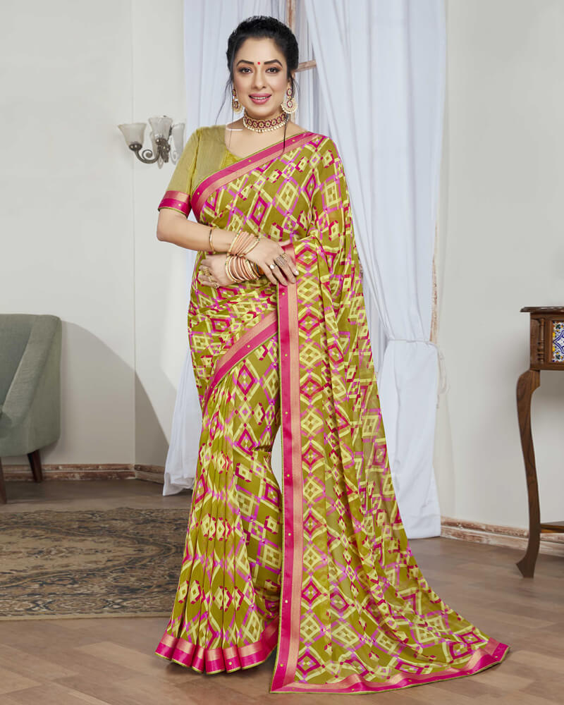 Vishal Prints Olive Yellow Printed Georgette Saree With Border