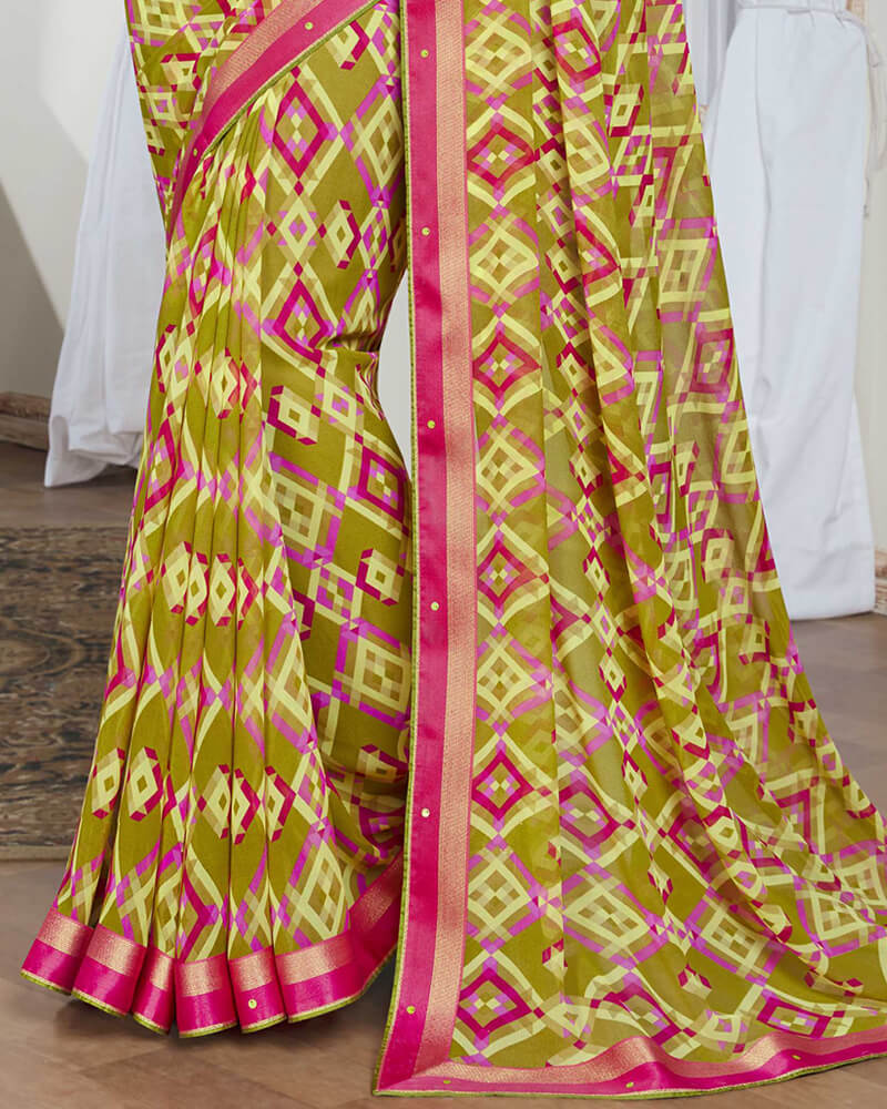 Vishal Prints Olive Yellow Printed Georgette Saree With Border